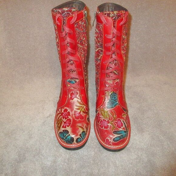 Red Leather Embroidered Boots Size 38 7.5 8 Lace Up Boho Western Artsy Statement - Picture 3 of 10